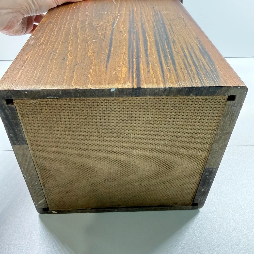 Vintage Wood Ice Bucket Square Brass Label Mid Century Barware Plastic Insert